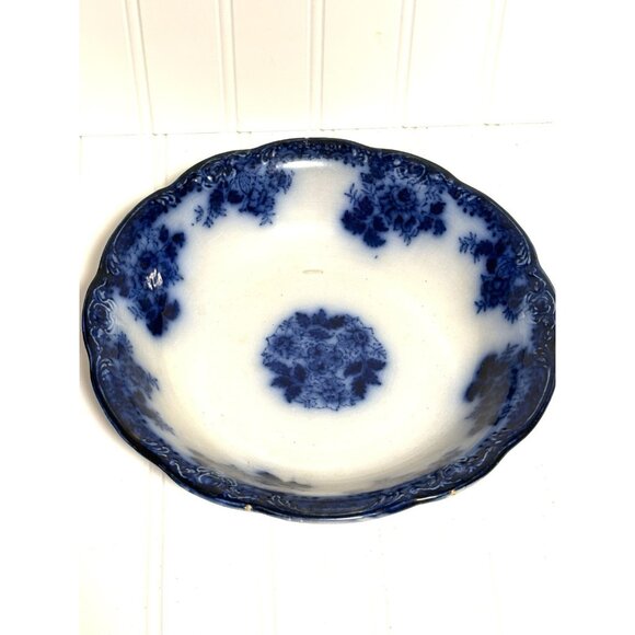 Antique New Wharf Pottery Bowl England Semi-Porcelain Waldorf Flow Blue 9" - Picture 10 of 13